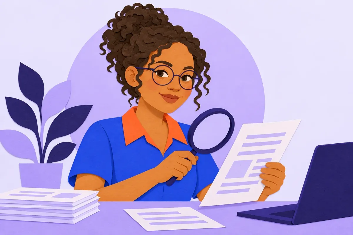 Ilustração: a editora Lívia Uchôa lendo documentos